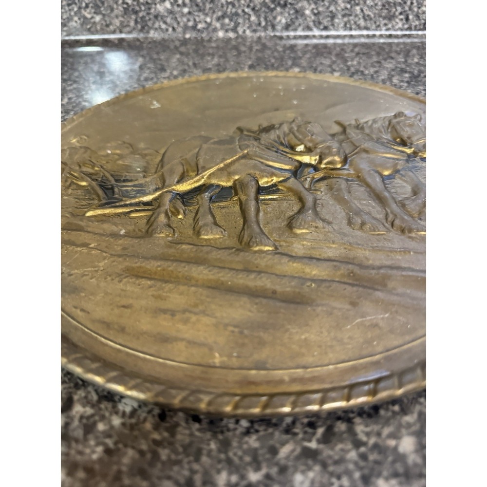Vintage Embossed Brass Wall Plate Decorative Plate Made in England Horse & Plow - Picture 3 of 16